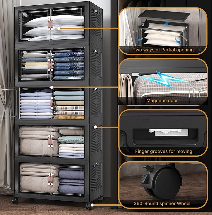 Extra Large Stackable Storage Bins with Lids & Wheels, 275QT-55QT/14GAL*5Pack Foldable Collapsible Closet Organizers Dark Storage Cabinet with Doors for Bedroom Dorm