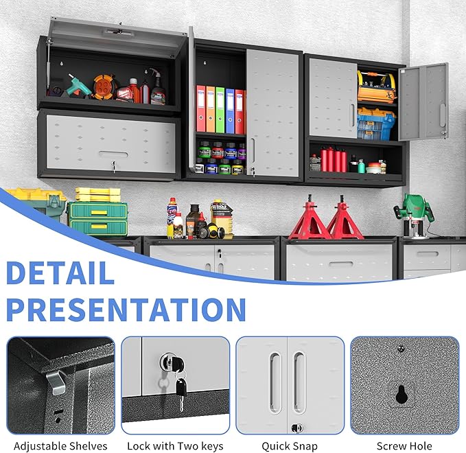 BIZOEIRON Metal Wall Cabinets with Doors and Shelves Black and Gray Garage Cabinets Wall Mounted Adjustable Storage Shelving Floating Garage Tool Cabinet,Wall Cabinet for Warehouse/Basement/Kitchen