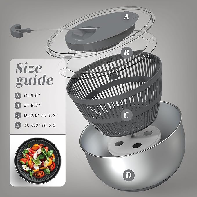 COOK WITH COLOR Stainless Steel Salad Spinner - 5 Qt. Lettuce Washer And Vegetable Spinner Dryer for Easy Salad Prep - Non Slip Base with Pull Handle - Auto Stop Brake System, Stain and Odor Resistant
