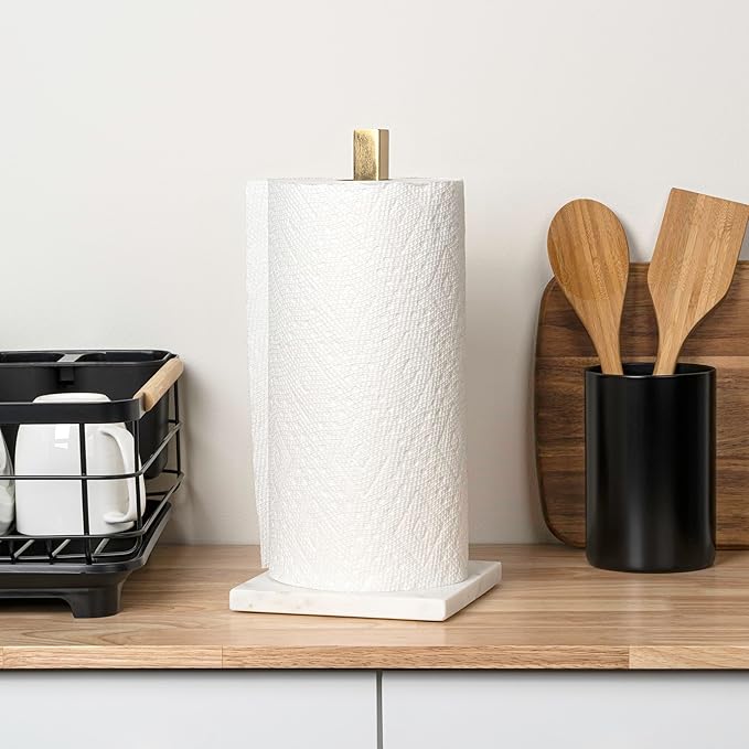 happimess PRH2002A Jules Modern Glam Square Metal and Non Slip Weighted Marble Base Paper Towel Holder, for Bathroom Kitchen Countertop, Standard or Jumbo-Sized Roll Paper, Gold/White
