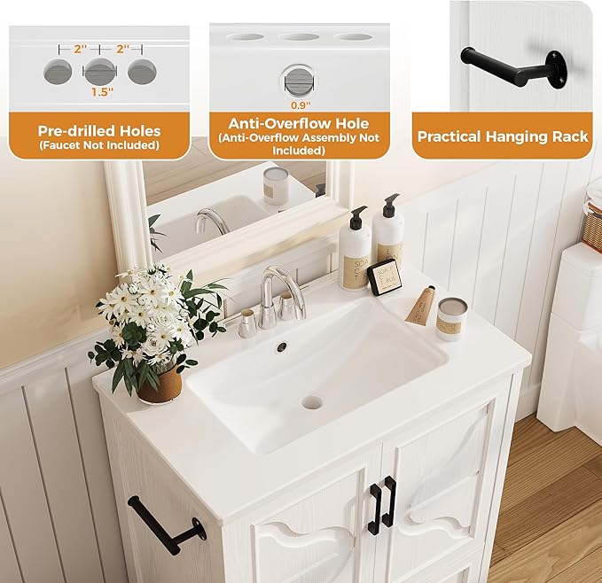 IRONCK 30" Bathroom Vanity with Ceramic Basin,Modern Under Sink Cabinet with 2 Soft Closing Doors and 1 Drawer, Free Standing Bathroom Storage Cabinet with Sink Combo Set,NO Faucet Accessories, White