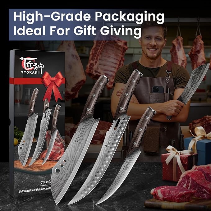 SYOKAMI Butcher Knife Set, 3 PCS Kitchen Knives Set for Cutting, Meat Cleaver Chef Knife Set, Japanese Style High Carbon Steel Knives Set, Chopping & Slicing & Boning for Home and BBQ, Christmas gift