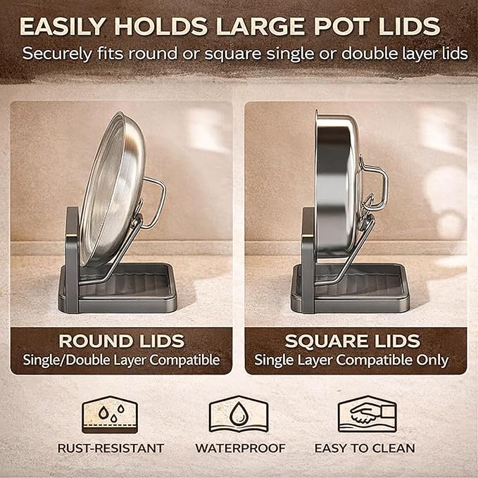 Kitchen Pot Lid Holder While Cooking, Multifunctional Kitchen Pot Lid Storage Rack with Tray, Carbon Steel Pot Lid Organizer Rack for Counter, Space-Saving, Prevent Messes, for Pans & Lids (StyleC)