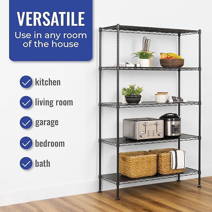 SafeRacks - NSF Certified Storage Shelves, Zinc, Heavy Duty Steel Wire Unit with Adjustable Feet, Garage or Bakers Rack, Kitchen, Pantry Shelf - (36"x14"x60" 5-Tier) (Black)