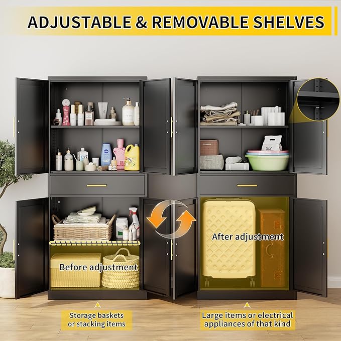 Metal Kitchen Pantry Cabinet, 71"Tall Cabinet with 1 Drawer, Doors and 2 Adjustable Shelves, Pantry Cabinets for Kitchen Storage, Metal Storage Cabinet for Kitchen, Dining Room, Living Room- Black