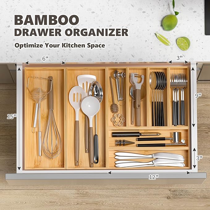Greatseas Kitchen Drawer Organizer Bins, Stackable Bamboo Deep Drawer Organizer for Silverware, Utensils, Cutlery, Flatware, Junk Drawer, Dresser, Bathroom, 12" x 3" x 2.5" (Set of 2)
