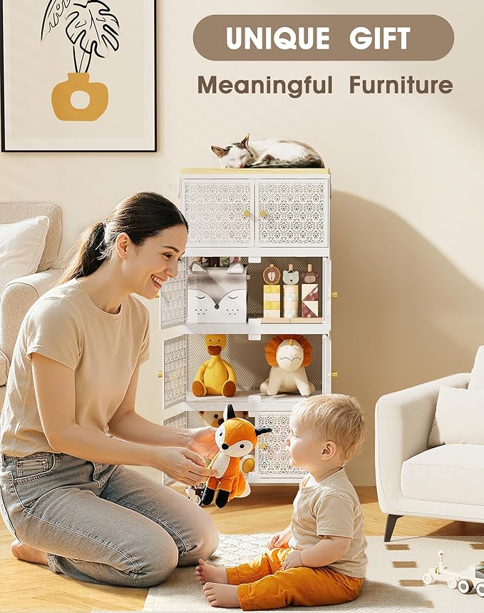 4 Tier Metal Storage Cabinet with wheels, Storage Bins with Magnetic Doors, Storage Cart for Living Room, Bedroom, Bathroom, Laundry, Kitchen