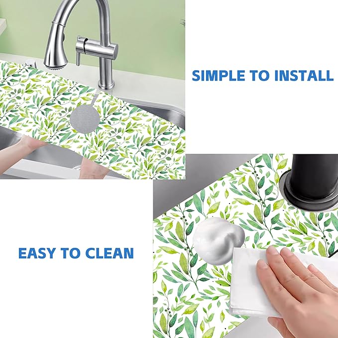 Tropical Eucalyptus Leaves Kitchen Sink Splash Guard Mat Absorbent Fast Drying Mat Faucet Draining Mat Sink Splash Guard Behind Faucet Drip Catcher for Kitchen Bathroom 5.5"×24"