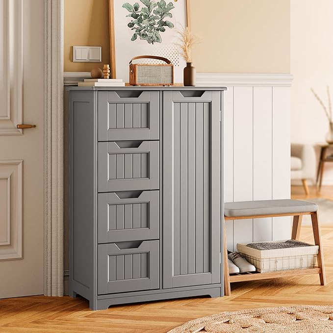 Gizoon Small Kitchen Pantry with Door and Shelves, 33'' Pantry Cabinet Freestanding Wooden Bathroom Storage Cabinet with 4 Drawers for Kitchen and Dining Room, Gray