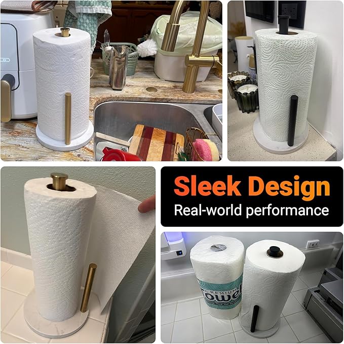 Hoooh Matte Black Paper Towel Holder Countertop with Non-Slip Marble Base - Rust-Resistant Stainless Steel, Freestanding for Kitchen Organization