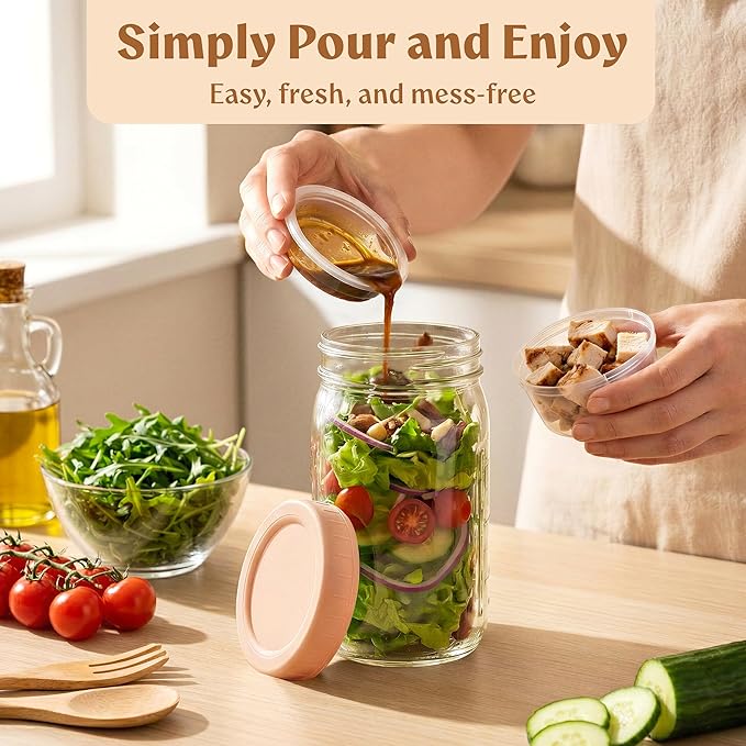 4 Pack Glass Salad Jars with Lids for Meal Prep, Leakproof Container with Two Small Built in Cups for Wet/Dry Separation for Salad Dressing and Ingredients, 32oz Mason Jars (Brown/Beige)