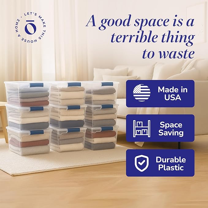 HOMZ Heavy Duty Modular Clear Plastic Stackable Storage Tote Containers with Latching and Locking Lids, 31 Quart Capacity, 16 Pack