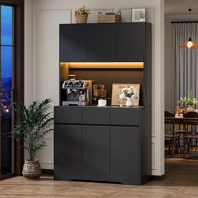NBYSGO 71" Pantry Cabinet with Charging Station and LED Lights, Tall Kitchen Pantry Storage Cabinet with Microwave Stand, Modern Hutch with Storage Drawers for Dining Room, Living Room, Black
