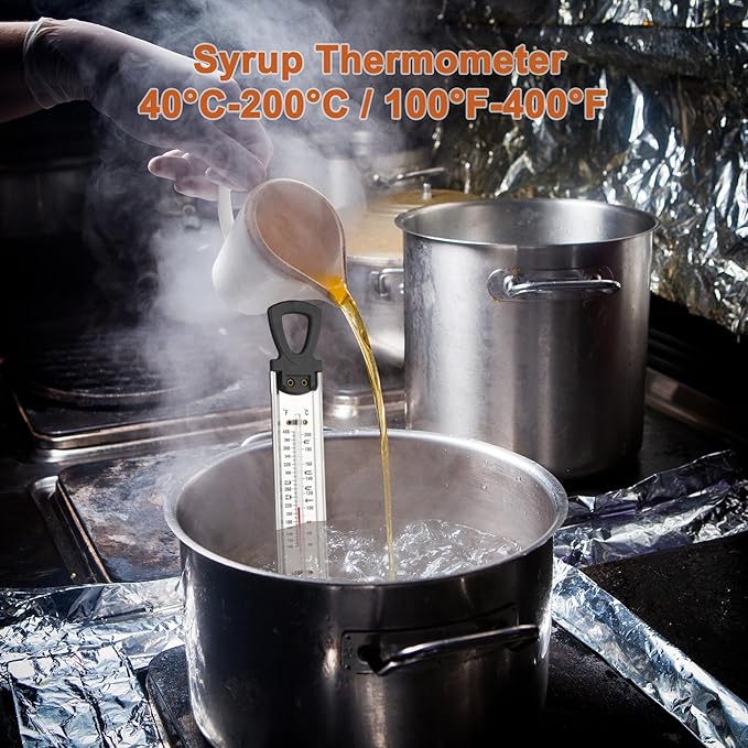 Maple Syrup Cone Filter Holder Stand with Thermometer, Stainless Steel Filter Strainer with 20pcs Cone Filter Paper & Folding Arms for Maple Syrup Making and Filtration of Cooking Oil, Kitchen