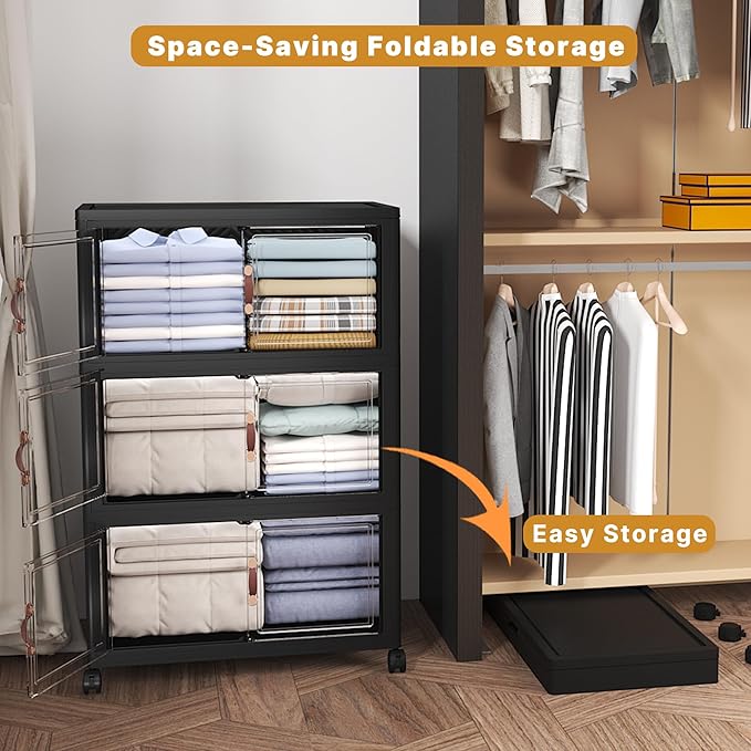 Extra Large Stackable Storage Bins with Lids & Wheels, 330QT-55QT/14GAL*6Pack Foldable Collapsible Closet Organizers Dark Storage Cabinet with Doors for Bedroom Dorm