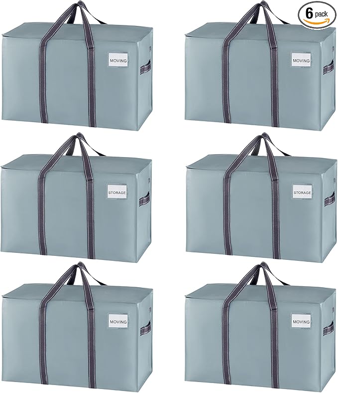 VENO 6 Pack Moving Bags and Large Christmas Storage Bins with lids. Alternative to Moving Boxes, Packing Supplies for College. Extra Large Heavy Duty Totes for Packaging (Light Blue Matte, 6 Pack)
