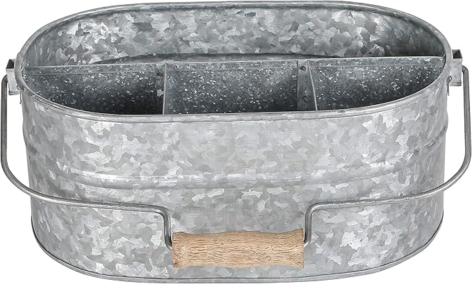 Alpha Living Home Galvanized Metal Utensil Caddy - Rustic Farmhouse Organizer Metal Garden Caddy with 4 Compartments and Wooden Handle for Kitchen, Buffet & Outdoor Events (Silver)