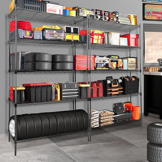 Whitmor 5 Tier Shelving Unit,Metal Storage Shelves, Heavy Duty with 4 Wheels & Adjustable Feet, 400 lbs Capacity per Shelf, Max 2000 lbs Total for Home, Garage, Workshop, 36" L x 14" W x 60" H, Black
