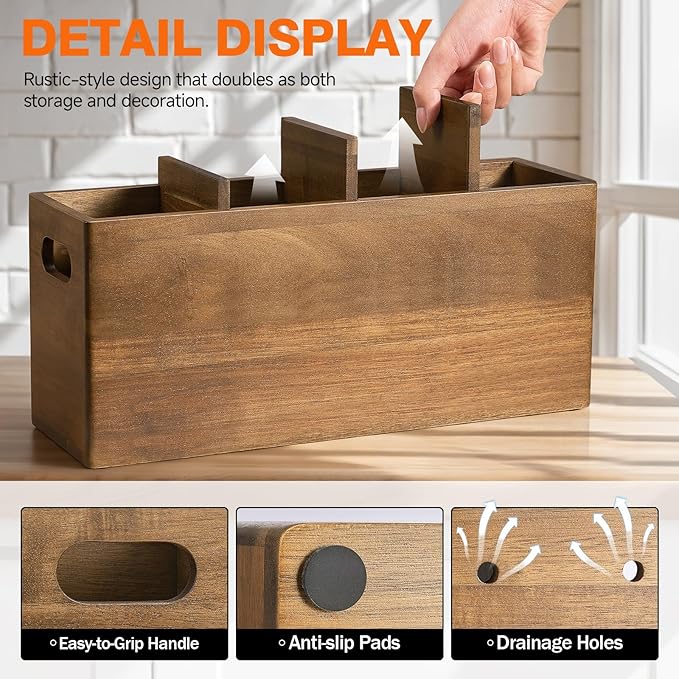 ONEARF Wooden Utensil Holder Counter, Kitchen Utensil Organizer Large 4 Compartment Cooking Utensils Holder, Acacia Rustic Wood Farmhouse Storage Container Crocks for Silverware and Cooker Set