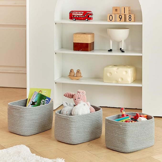 R RUNKA Small Cotton Rope Basket – Storage Bin for Organizing (10.6" x 6.7" x 6.7"), Bathroom Storage Basket for Shelf, Counter & Closet（Grey）