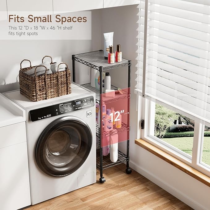 4 Tier Adjustable Storage Shelves Metal Utility Shelf Wire Shelving Unit Organizer Rack for Home Kitchen Office Bathroom Pantry Room 12" D x 18" W x 44.5" H
