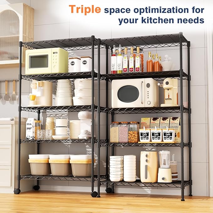 5-Tier Heavy Duty Wire Shelving Unit,35" Wx18 Dx71 H,Wire Shelf Racks with Wheels,Height Adjustable Storage Metal Shelves for Kitchen,Garage,Office,Living Room,Pantry,Black