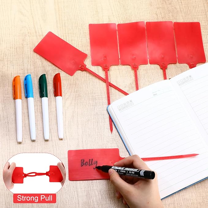Chunful 500 Pcs Blank Plastic Tags Shipping Tags 3.94"x 2.36" Waterproof Sealing Shipping Labels Bulk Writable Hanging Tag Ties Sealing Strap Reusable Mark Labels for Keys Luggage Logistic(Red)