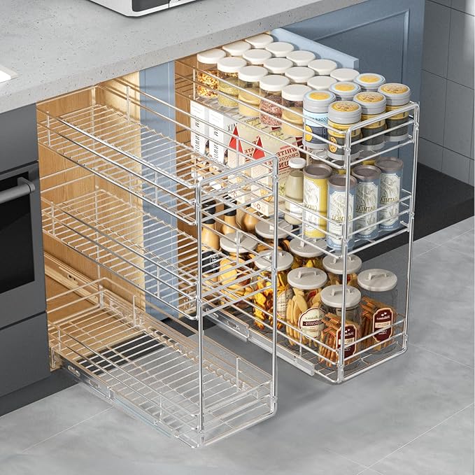 Pull Out Spice Rack Cabinet Organizer 5½" W x 20½" D, 3 Tier Heavy Duty Sliding Spice Cabinet Organization for Narrow Cabinet, Pull Out Shelves for Kitchen