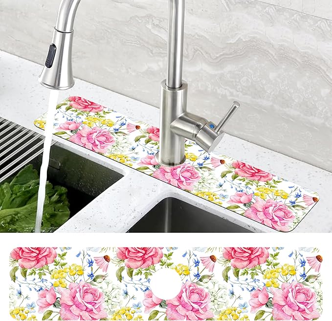 Watercolor Light Pink Floral Dish Drying Mat for Kitchen Sink Splash Guard Behind Faucet Sink Mat Absorbent Fast Drying Faucet Draining Mat for Bathroom Kitchen 5.5"×24"
