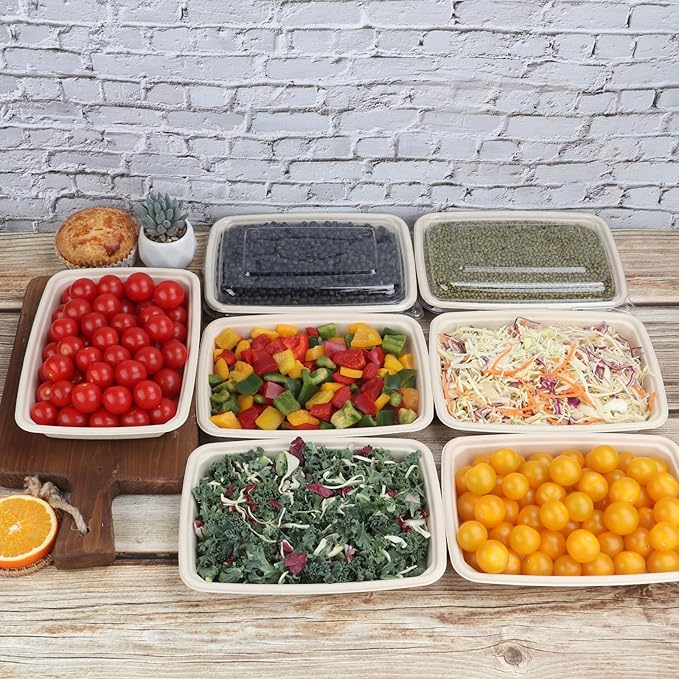 JAYEEY 20 oz Rectangle Disposable bowls with lids,Sugarcane Fibers Bowls take away food containers Plant Fibers Freezer Safe 50 Pack