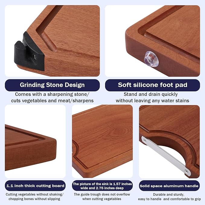 GFBEBDV Kitchen Ebony Cutting Board - with Built-in Knife Sharpener, Reversible for Double Sided Use, Juice Chute, Stainless Steel Handle, Non-Slip Feet,Wooden chopping board, Cooking Gift (Gift Box)