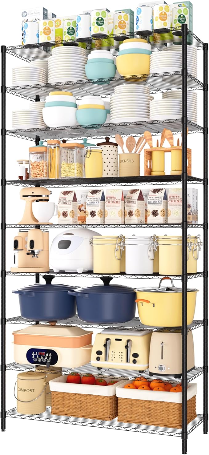 Finnhomy 9-Tier Wire Shelving Unit Adjustable Steel Wire Rack Shelving, 14x36x82 Inches 9 Shelves Metal Storage Rack, Pantry Shelves for Storage, Metal Garage Shelves with NSF Certified, Black