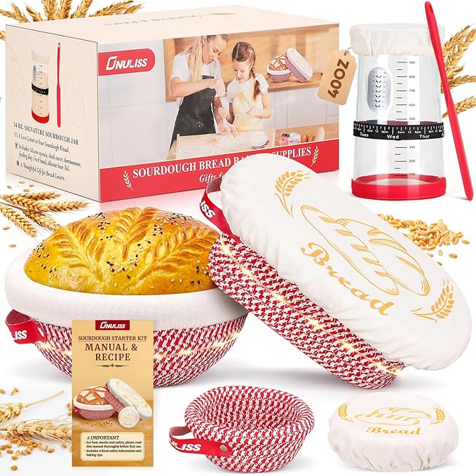 ONULISS Sourdough Starter Kit with 40oz Starter Jar, Banneton Bread Proofing Basket Set of 3 (9" Round,10" Oval,5" Mini), Cotton Rope Bread Making Tools for Sourdough Baking, Complete Gift for Bakers
