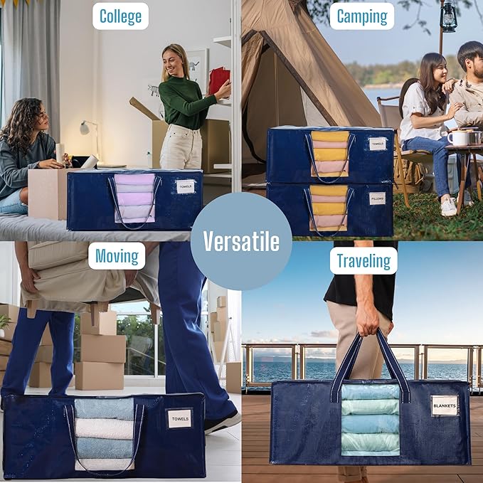 VENO 8 Pack Heavy Duty Moving Bags, Christmas Storage Bins with Lids, Transparent Window Design, Alternative to Moving Boxes, Storage Bags for Clothes, Blankets, Comforters, Pillows (Blue, 8 Pack)