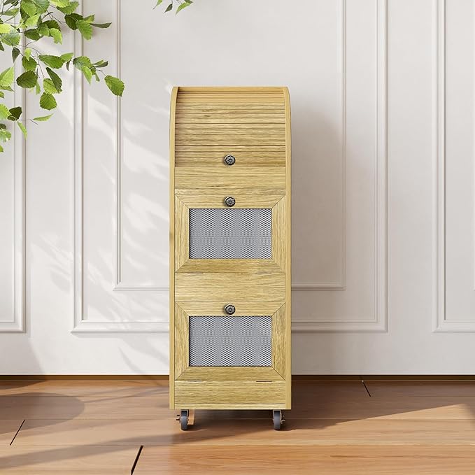 Potato Storage Bin Movable Bread Box with Lid Rustic and Wheels Onion Organizer with Grocery Section Decorative Vegetable Organization Cabinet for Kitchen (Natural)