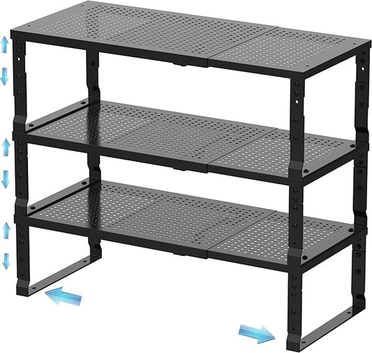 Zilvando Expandable Spice Rack & Kitchen Cabinet Organizer - Stackable, Adjustable Shelves for Cabinets, Countertops, Cupboards & Pantries(3 Packs/Large/Black)