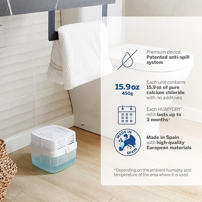 HUMYDRY Moisture Absorber Dehumidifier Device for Home, Premium Pack Of 1 Device of 15.9 Oz With 3 Pre-Measured Refills, Unscented Humidity Absorber For Closets, Bathroom and Medium Enclosed Spaces