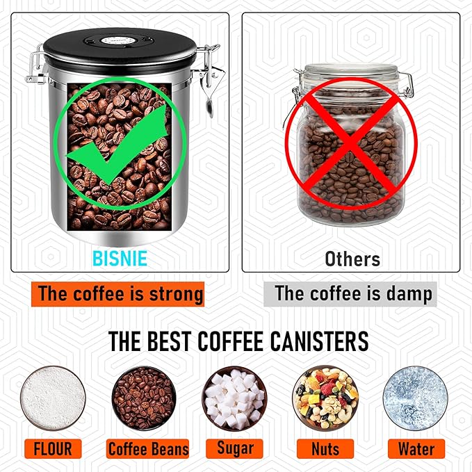 Coffee Canister Airtight 35OZ Large, Coffee Storage Container Stainless Steel Air Tight Coffee Jar with Scoop, Date Tracker and CO2 Release Valve for Beans, Ground, Tea, Flour, Cereal and Sugar, 2.8L