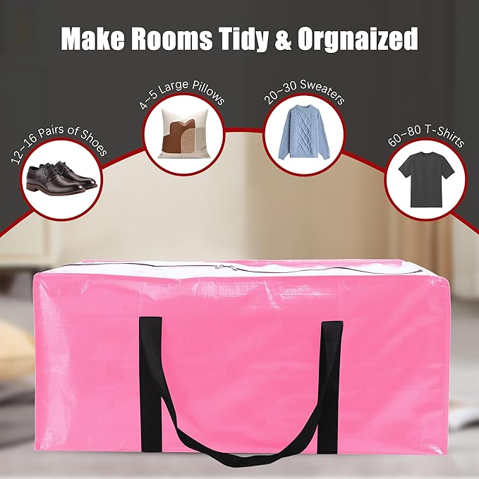 8 Pack Extra Large Moving Bags with Zippers & Carrying Handles, Heavy-Duty Storage Tote for Space Saving Moving Storage, Fold Flat, Alternative to Box and Bin,Pink