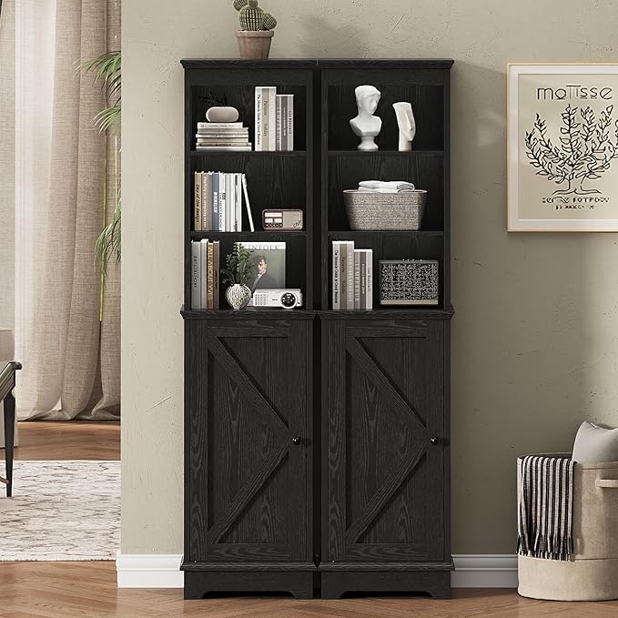 Viroformo Narrow Bathroom Storage Cabinet with Door and Open Adjustable Shelves, 60.9" H Wooden Tall Tower Corner Farmhouse Cabinet, Freestanding Organizer for Kitchen, Entryway Black