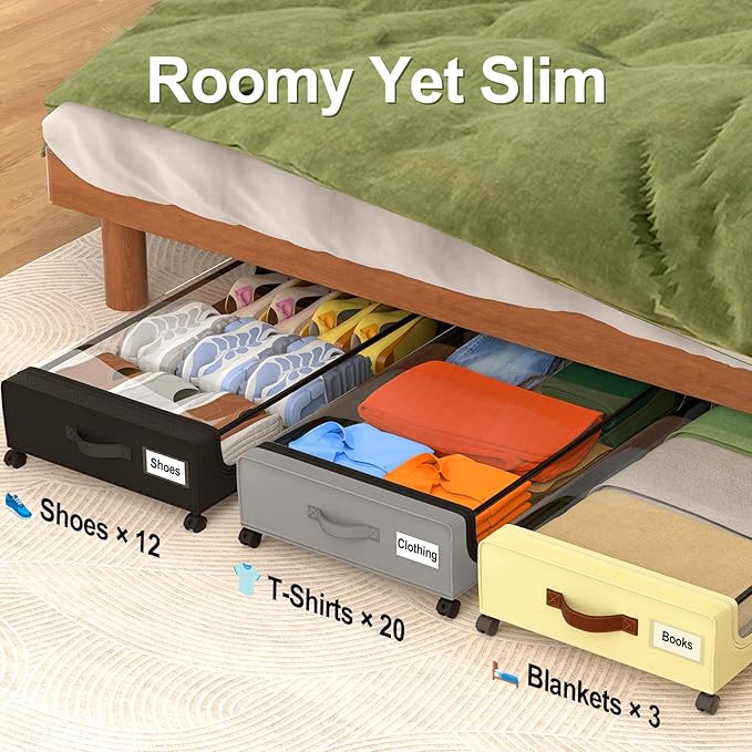GoMaihe Under Bed Storage with Wheels: XXL Underbed Storage Containers with Clear Lids - Rolling Drawers & Bins for Shoes Clothes in Dorm Bedroom - Space-Saving Easy Pull-out Black 2-Pack