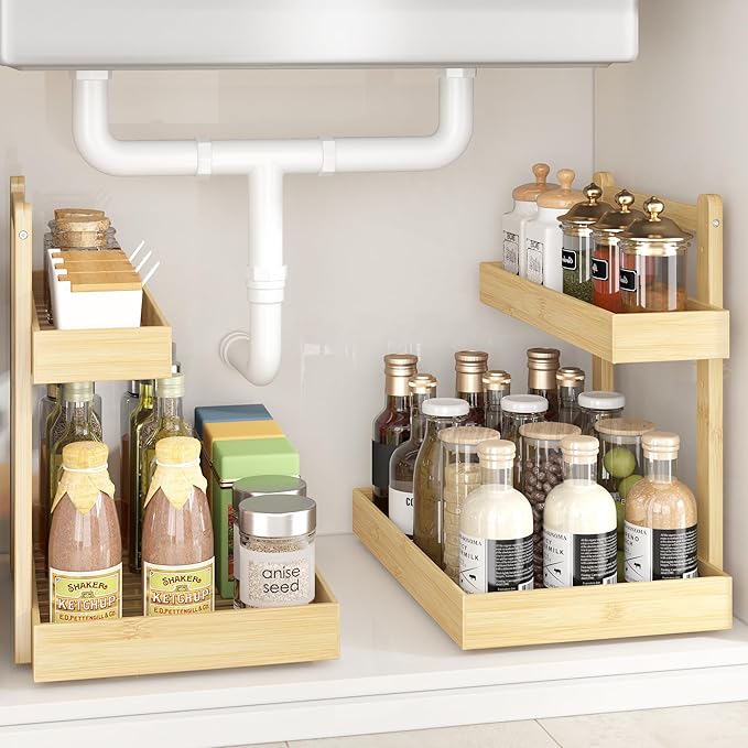 Under Sink Organizer - 2-Tier Pull Out Cabinet Organizer Vertical Slide Out Sink Shelf Storage Shelves for Multi-Purpose Bath Kitchen Bathroom Medicine (Nature, 2 Packs)
