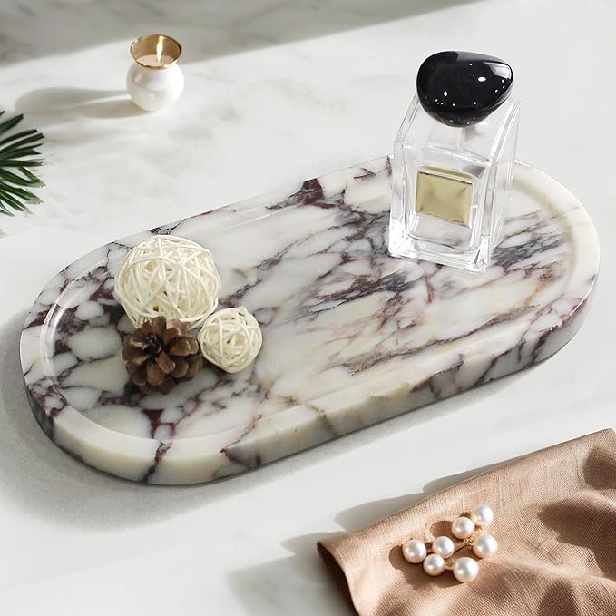 YMXYJM 100% Real Natural Marble Tray for Bathroom, Luxury Calacatta Viola Stone Vanity Tray, Decorative Oval Trays for Countertop Storage Organizer, Dresser, Kitchen, Home Decor, 11.8" x 6", Purple