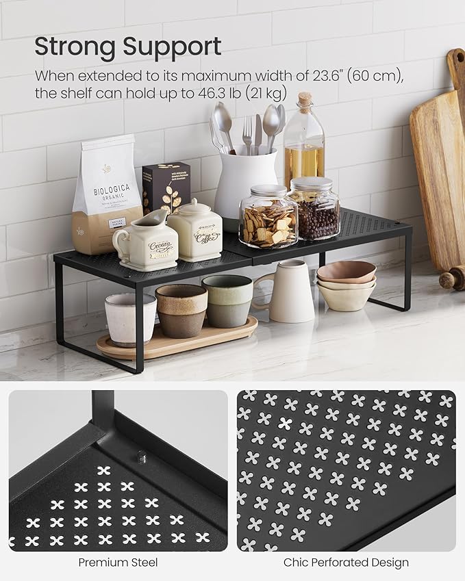 SONGMICS Spice Rack, Expandable Kitchen Countertop Shelf, Small Cupboard Organizer, Metal, Space-Saving Tabletop Shelf, Matte Black UKCS007B01