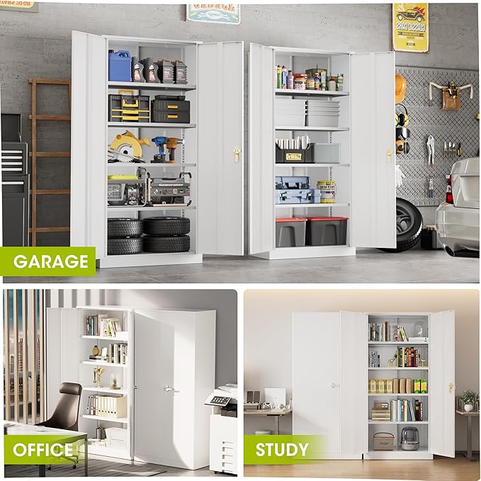 Greenvelly Metal Lockable Storage Cabinet, 72” Tall Storage Cabinet with 2 Doors and 4 Adjustable Shelves for Office, Home, Garage, Pantry (Assembly Required, 18”D, White)