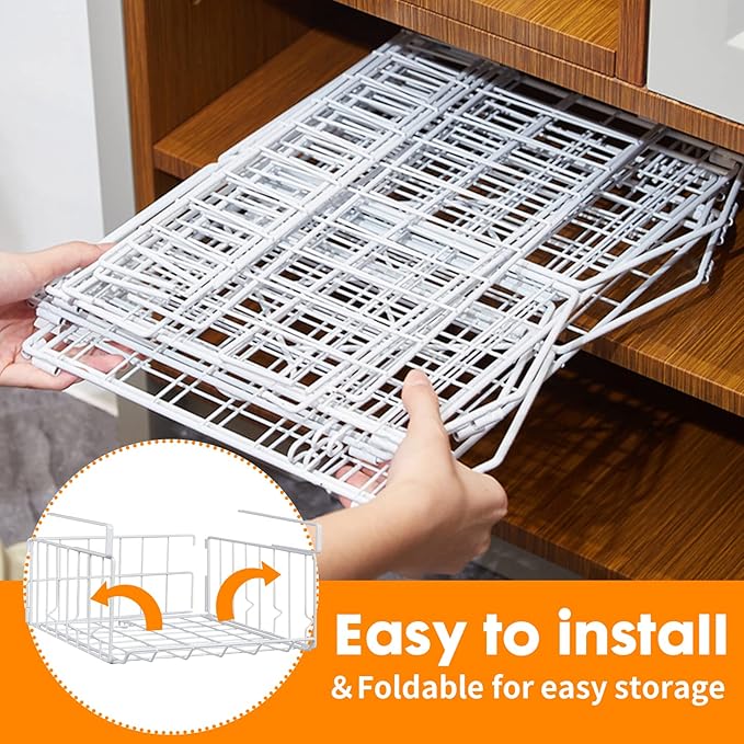 4-Pack Steel Under Cabinet Shelf Basket Organizer, Metal Wire Rack Hanging Storage Baskets Holds up to 22lbs for Kitchen, Office, Pantry, Bathroom, Cabinet (White-4)