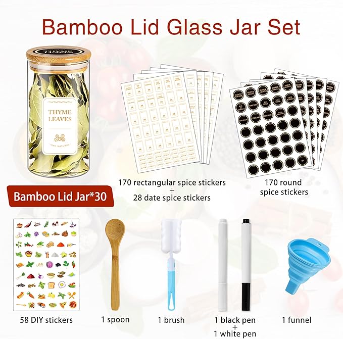 Spice Jars with Labels, 30Pcs 6oz Glass Spice Jars with Bamboo Lids, Minimalist Stackable Airtight Spice Containers with 426 labels for Kitchen Seasoning, Tea, Herbs, Coffee, Sugar,Shells