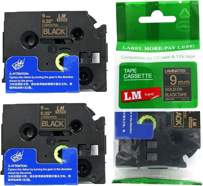 2/Pack LM Tapes - LMe324 Premium 3/8" Gold Print on Black Label Compatible with P-Touch TZe324 Tape and Includes Tape Color/Size Guide. Replaces Ptouch TZ324 9mm 0.35 Laminated.