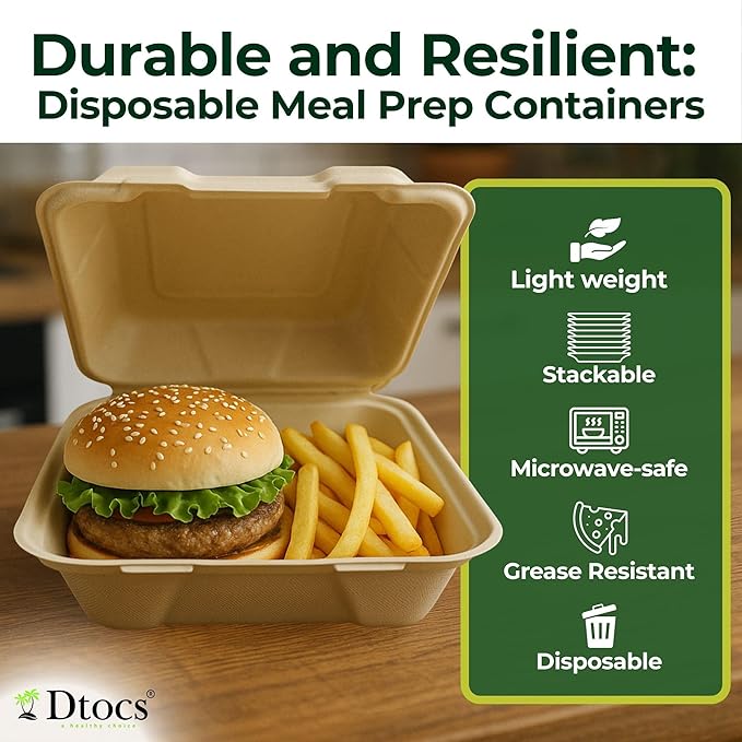 Dtocs Compostable Clamshell To Go Food Containers 8x8-70 Pc | Bamboo Fiber Heavy-Duty Disposable Microwavable Carry Out Container | Biodegradable Take Out Containers with Lids For Home, Chefs