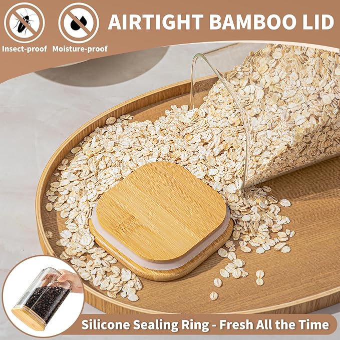 37 Oz Glass Storage Jars with Bamboo Lids - 6 Pack Clear Glass Canisters Square Airtight Stackable Ideal for Pantry Storage Containers Organizers Great for Storing Oats Coffee Beans Nuts etc